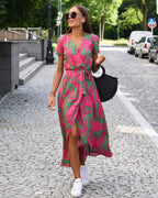 Women's Wrap Midi Dress with V-Neckline Short Sleeves Tie Waist and Wrap Front Skirt