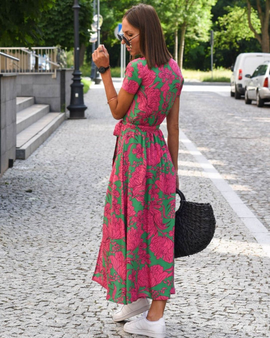Women's Wrap Midi Dress with V-Neckline Short Sleeves Tie Waist and Wrap Front Skirt