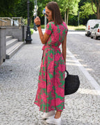 Women's Wrap Midi Dress with V-Neckline Short Sleeves Tie Waist and Wrap Front Skirt