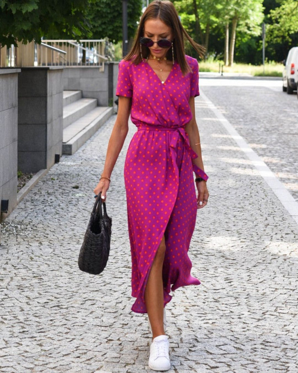 Women's Wrap Midi Dress with V-Neckline Short Sleeves Tie Waist and Wrap Front Skirt