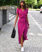 Women's Wrap Midi Dress with V-Neckline Short Sleeves Tie Waist and Wrap Front Skirt