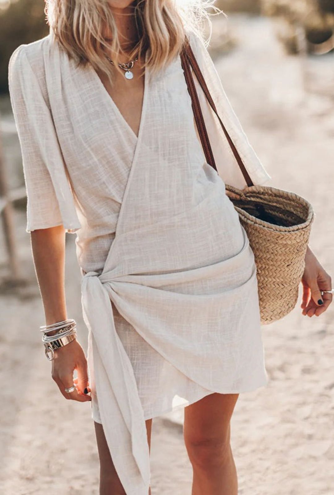 Women's Wrap Mini Dress with Deep V-Neckline and Front Tie Knot Detail and Short Sleeves