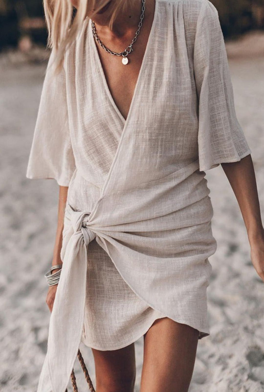 Women's Wrap Mini Dress with Deep V-Neckline and Front Tie Knot Detail and Short Sleeves