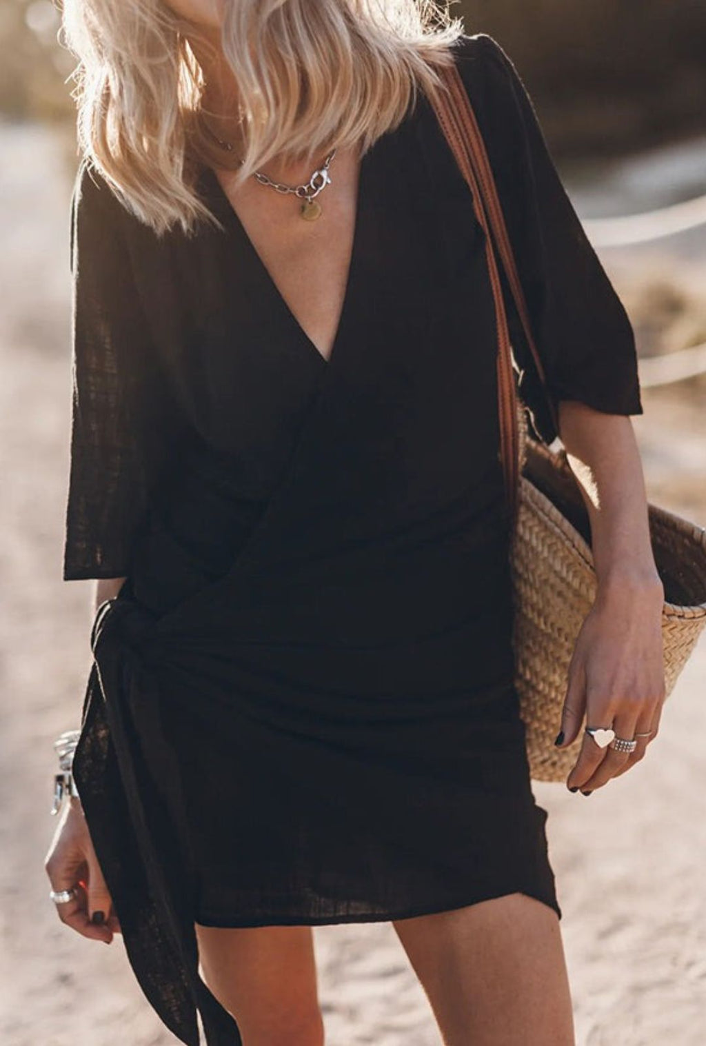Women's Wrap Mini Dress with Deep V-Neckline and Front Tie Knot Detail and Short Sleeves