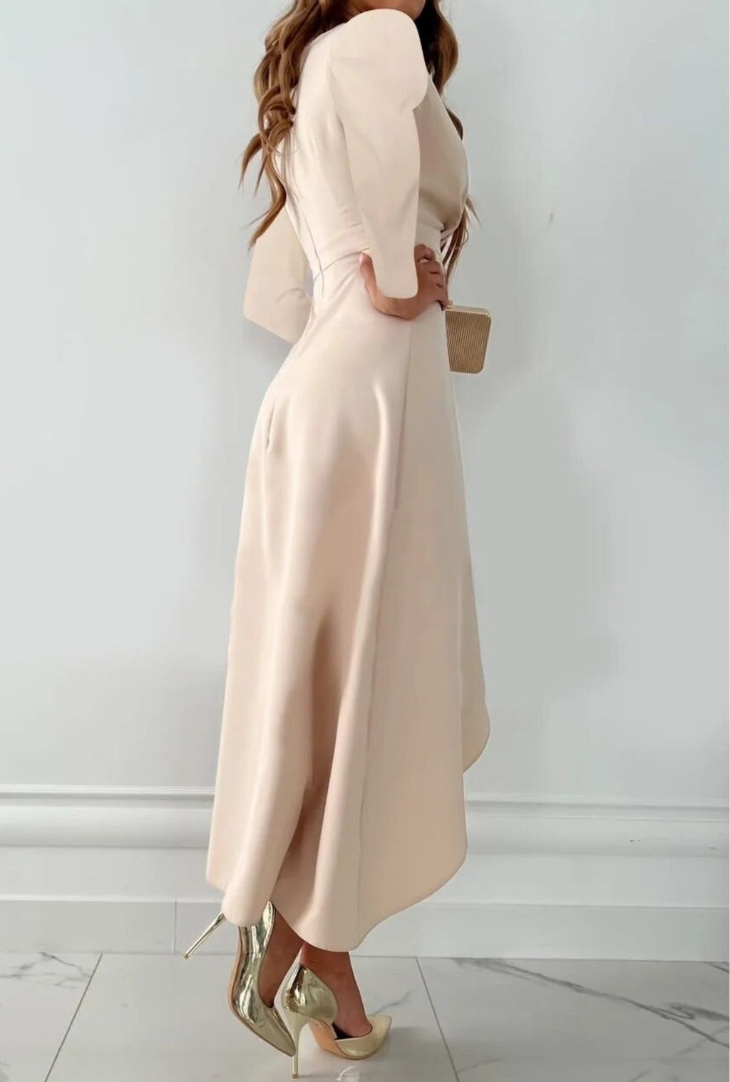 Women's Wrap-Style Midi Dress with Deep V-Neckline and Asymmetric Ruffle Hem
