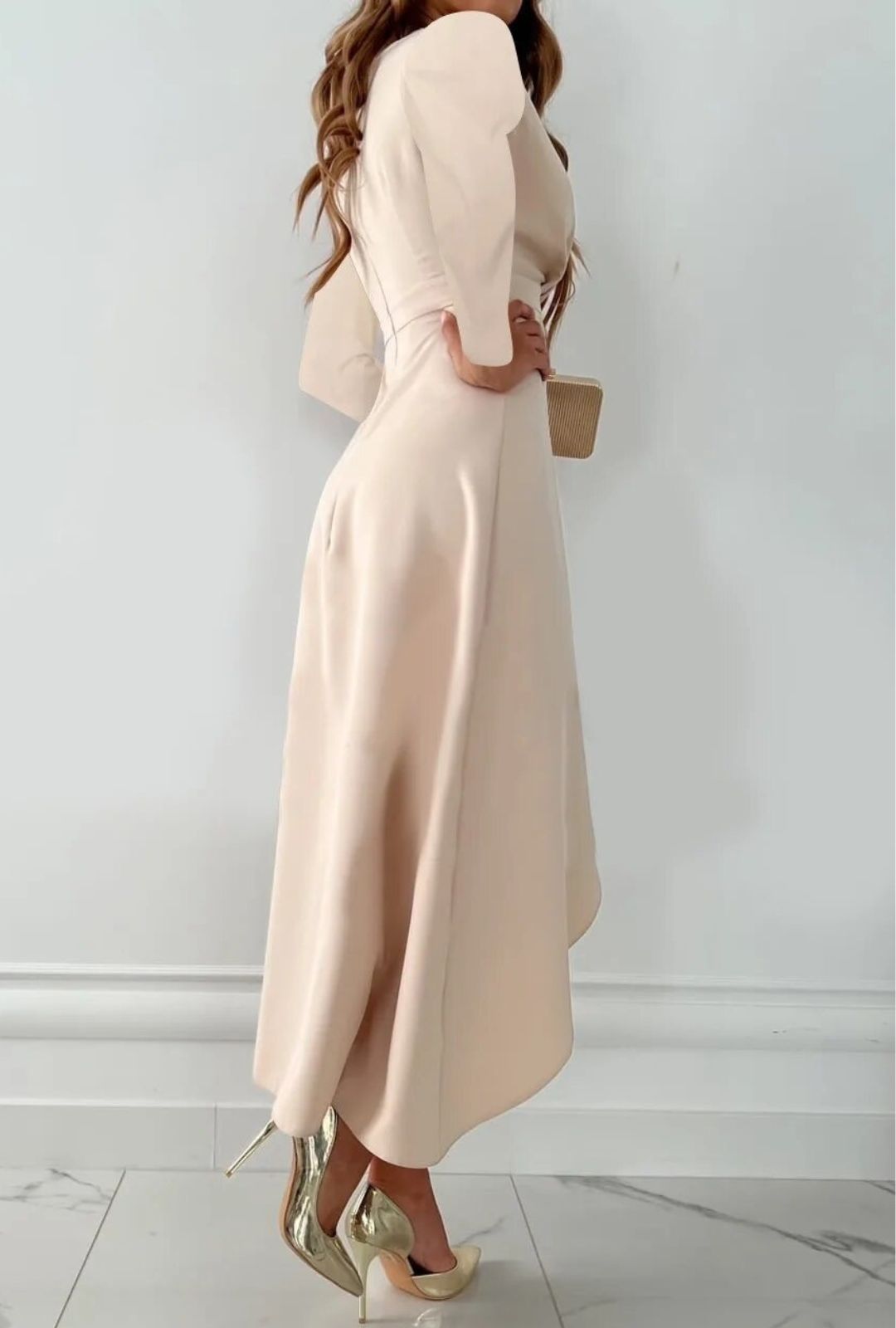 Women's Wrap-Style Midi Dress with Deep V-Neckline and Asymmetric Ruffle Hem