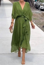 Women's Wrap-Style Midi Dress with Deep V-Neckline and Tie Waist Belt and Wide Batwing Sleeves and Layered Sheer Skirt