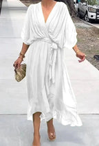 Women's Wrap-Style Midi Dress with Deep V-Neckline and Tie Waist Belt and Wide Batwing Sleeves and Layered Sheer Skirt