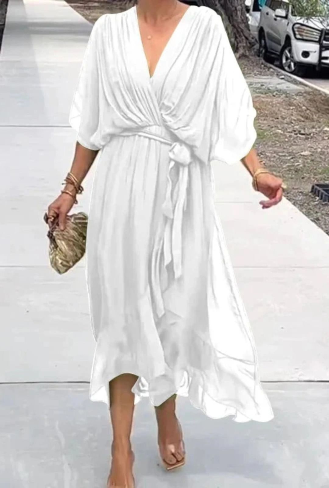 Women's Wrap-Style Midi Dress with Deep V-Neckline and Tie Waist Belt and Wide Batwing Sleeves and Layered Sheer Skirt