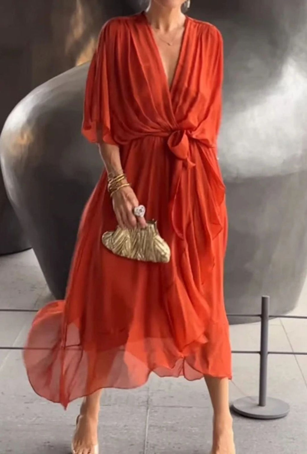 Women's Wrap-Style Midi Dress with Deep V-Neckline and Tie Waist Belt and Wide Batwing Sleeves and Layered Sheer Skirt