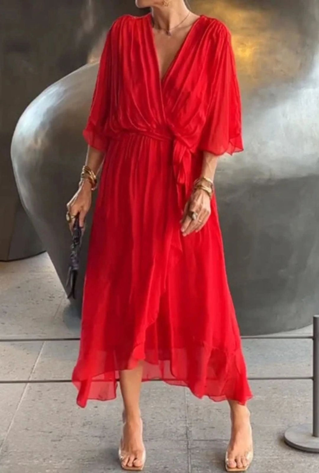 Women's Wrap-Style Midi Dress with Deep V-Neckline and Tie Waist Belt and Wide Batwing Sleeves and Layered Sheer Skirt