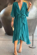 Women's Wrap-Style Midi Dress with Deep V-Neckline and Tie Waist Belt and Wide Batwing Sleeves and Layered Sheer Skirt