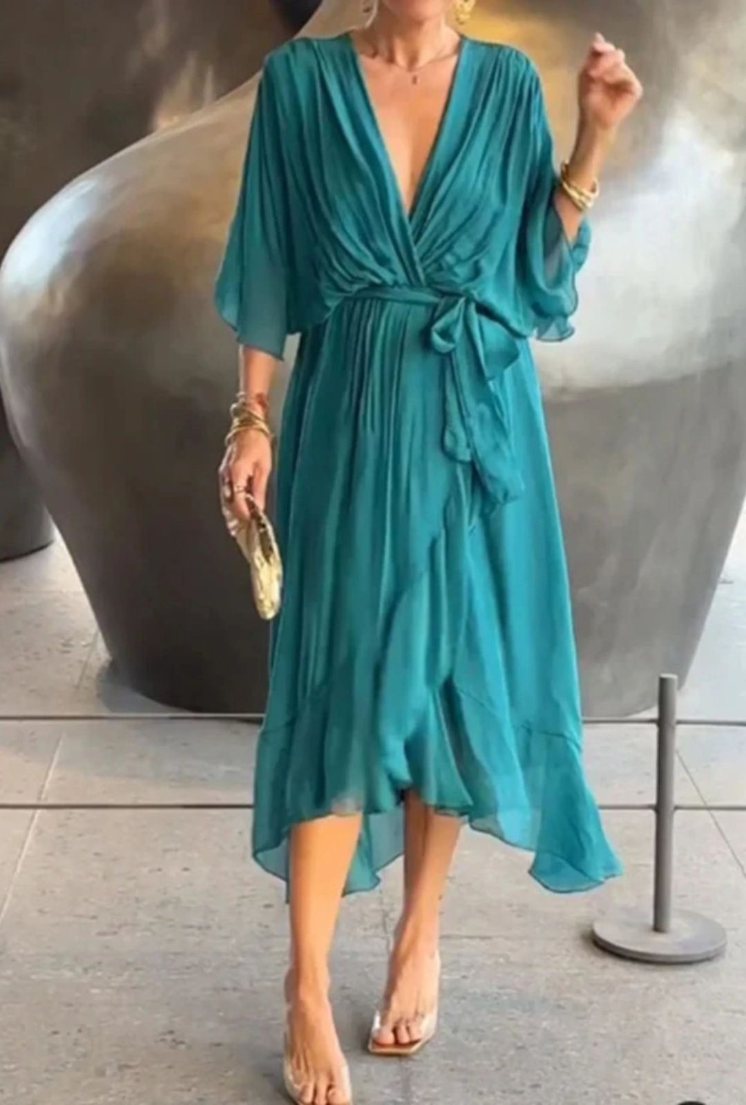 Women's Wrap-Style Midi Dress with Deep V-Neckline and Tie Waist Belt and Wide Batwing Sleeves and Layered Sheer Skirt