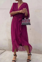 Women's Wrap-Style Midi Dress with Deep V-Neckline and Tie Waist Belt and Wide Batwing Sleeves and Layered Sheer Skirt