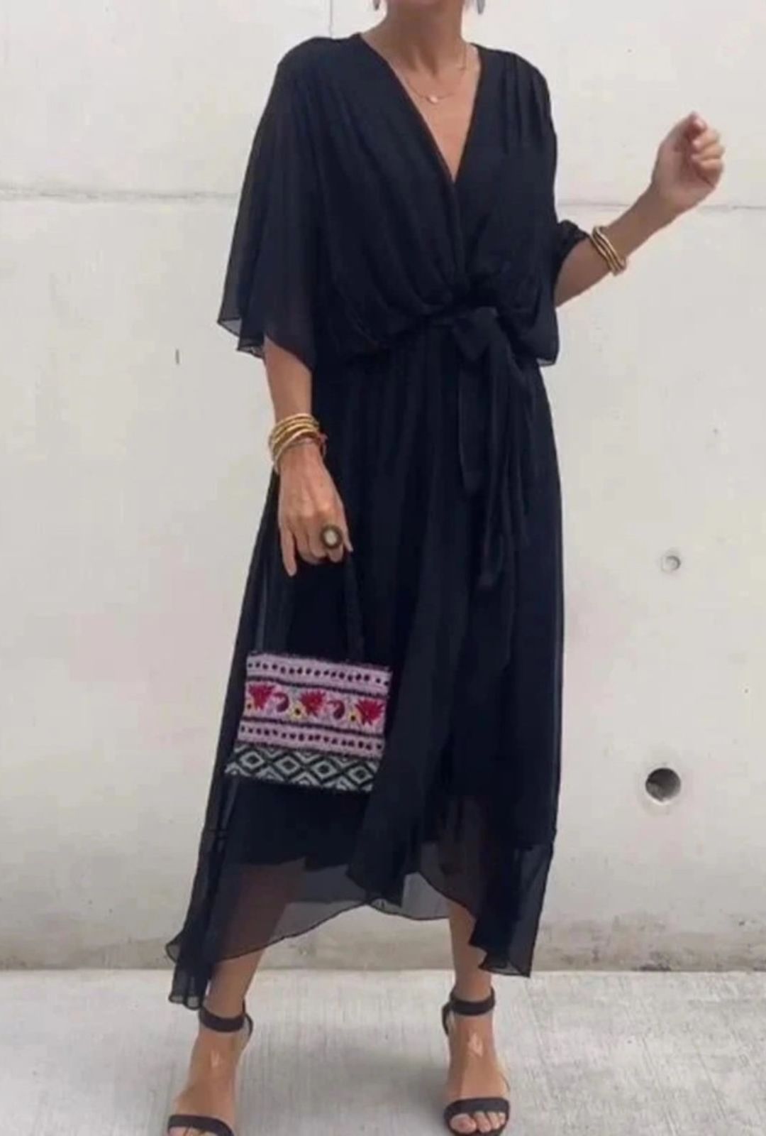 Women's Wrap-Style Midi Dress with Deep V-Neckline and Tie Waist Belt and Wide Batwing Sleeves and Layered Sheer Skirt