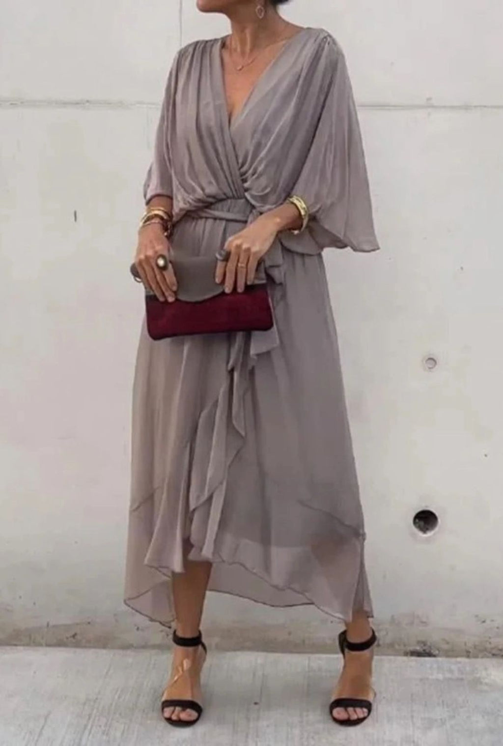 Women's Wrap-Style Midi Dress with Deep V-Neckline and Tie Waist Belt and Wide Batwing Sleeves and Layered Sheer Skirt