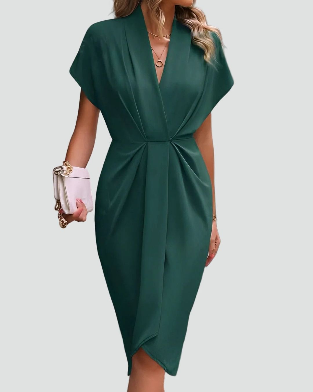 Women's Wrap-Style Midi Dress with Deep V-Neckline and Twisted Waist Detail