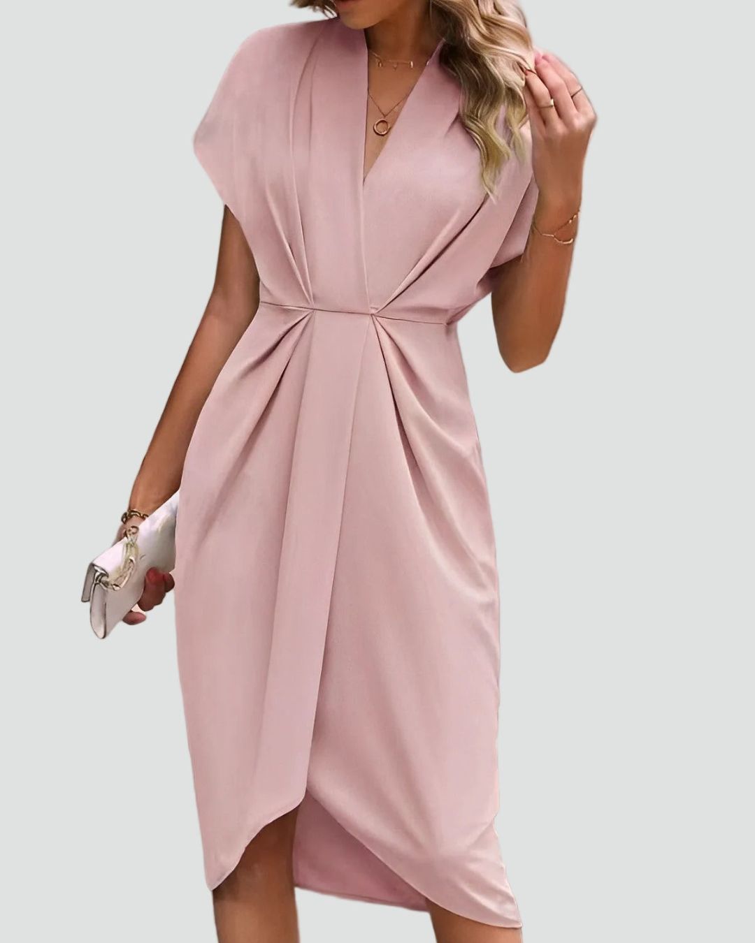 Women's Wrap-Style Midi Dress with Deep V-Neckline and Twisted Waist Detail