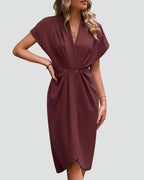 Women's Wrap-Style Midi Dress with Deep V-Neckline and Twisted Waist Detail
